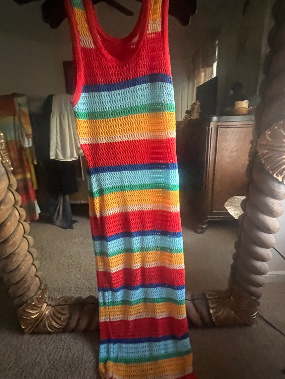 SHEIN Rainbow Crochet Stripe Maxi Dress - Red, Yellow, Blue, Green